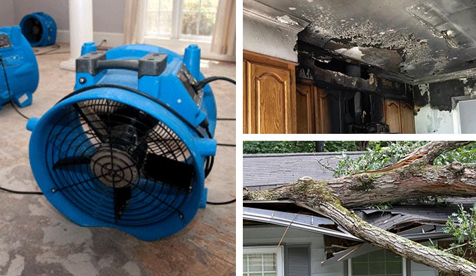 Collage of water, fire and storm damage restoration